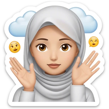 a white young asian Muslim woman are thinking something. Her eyes rolling to up right. Her hand touching face. There's emoji cloud to describe what she thinking about. sticker