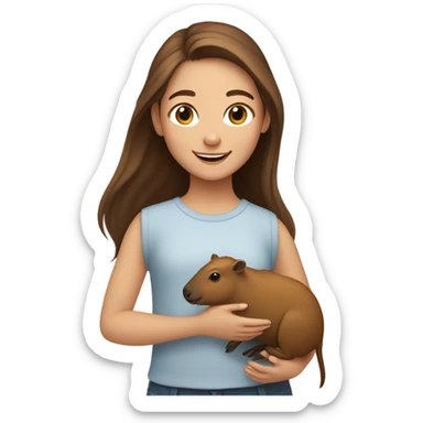 happy little girl young girl with brown hair holding capybara  sticker