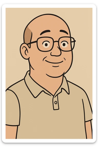 cartoon style, bald Asian man with glasses, friendly face, simple background sticker