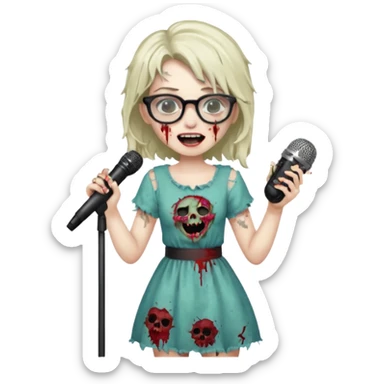 singer, Zombie girl, super happy, wearing dress, singing to mic, glasses sticker