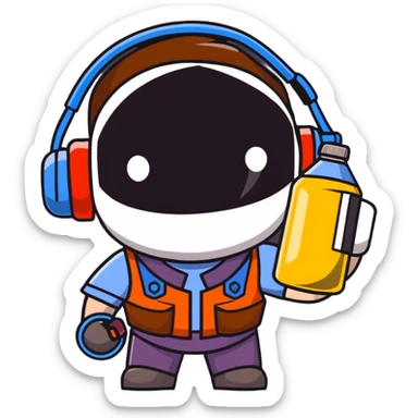 Team Fortress 2 Scout holding BONK! Atomic Punch can, accurate game appearance, canonical uniform and headset sticker