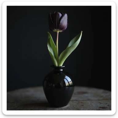 realistic goth tulip with black petals in a gothic vase, photorealistic style sticker