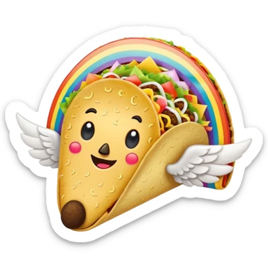 taco with white wings and rainbow question marks on the sides. sticker