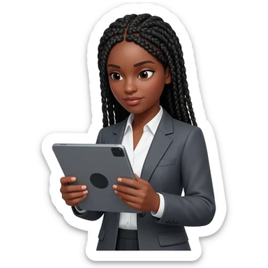 Emoji représentant une femme à la peau marron avec de longues braids noires et portant une belle tenue professionnelle, regardant la tablette graphique dans ses mains sticker