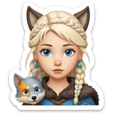 Viking platinum blonde girl with braid and blue eyes. Wolf pet sticker