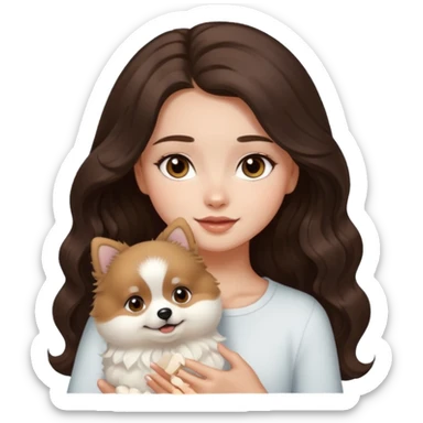light-skinned-girl-wavy-dark-brown-long-without-volume-hair-brown-eyes-petting-light-white-pomeranian sticker