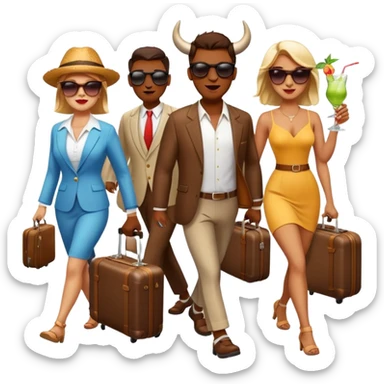 generate an emoji of a group of up to 8 male and female bulls travelling together on holidays. One bull has a suitcase, one has sunglasses, one is carrying a cocktail. They're all in motion, walking together sticker