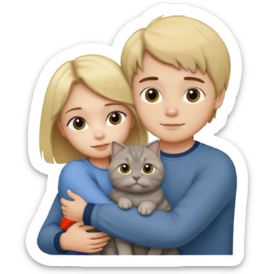 Blonde girl and brunette boy hugging a grey scottish fold cat sticker