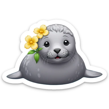 Grey Seal on the beach with the flower pin on the head sticker