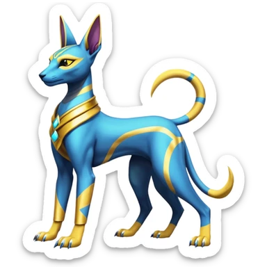 Modern futuristic shiny colorful Anubis-Sphynx-Lombax-Zeraora-Renamon-fusion (full body) sticker