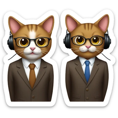 Two brown cats dressed in suits. Standing next to each other. One cat with glasses. both wearing headphones for a podcast. Happy faces. 
 sticker