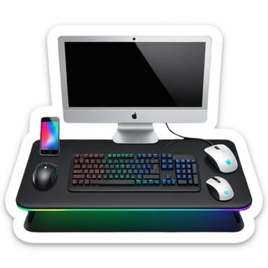 rgb gaming computer on black desk with a black keyboard and mouse sticker