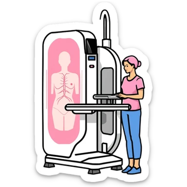 Mammogram breast cancer screening machine with female patient, medical test sticker