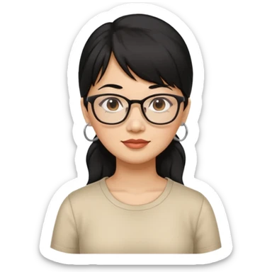 filipino woman black hair in one pony tail with straight bangs and big glasses, 50 yr old sticker