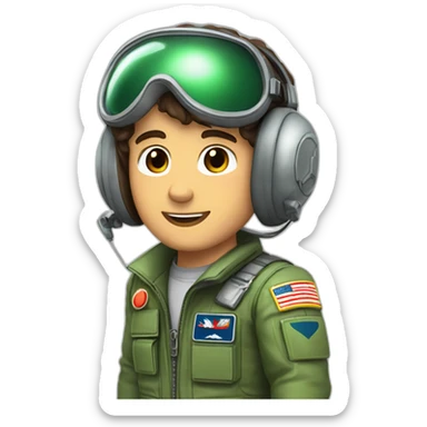 A young white man with dark brown hair and brown eyes in a pilot suit and wearing a green Pilot headset sticker