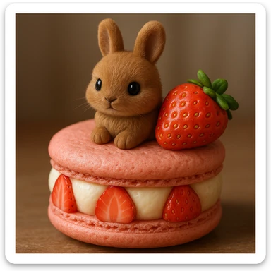 Add more details to the macaron and the bunny, enhancing the textures and features to make them more realistic and detailed in 3D iOS style. sticker