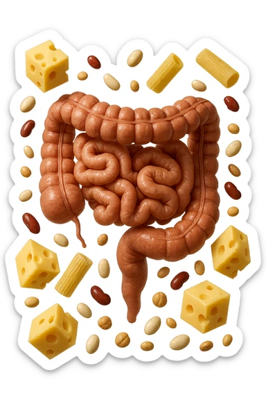 PEZZETTI DI EMMENTAL, PENNE DI PASTA RIGATE E LEGUMI FLUTTUANO INTORNO AD UN INTESTINO UMANO ANATOMICO REALISTICO, iperrealistico 4k sticker