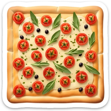 cinematic-realistic-isometric focaccia-bread-dish-emoji,-depicted-as-a-golden,-olive-oil-brushed-flatbread-sprinkled-with-herbs-rendered-with-lifelike-texture-and-soft,-appetizing-lighting showing olives on top and the cherry tomatoes sliced sticker