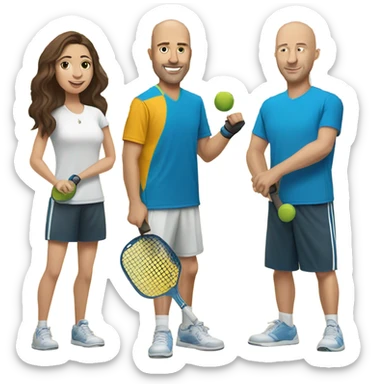 4 Caucasian people playing pickleball with 1 tall bald male, 1 shorter dark brown hair male, 1 girl with long brown hair, 1 girl  with brown hair sticker