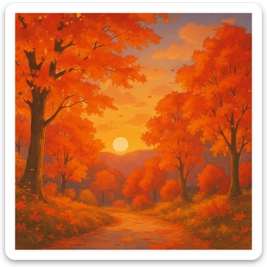 fall season sunset with vibrant autumn colors, colorful leaves, cozy atmosphere in ghibli style sticker