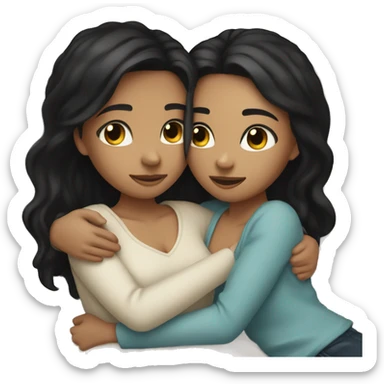 Two girls one with tan skin black hair one with white skin black hair cuddling on a bed together  sticker