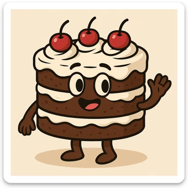 black forest cake, cartoon style, chocolate sponge, whipped cream, bright red cherries, playful and cute sticker