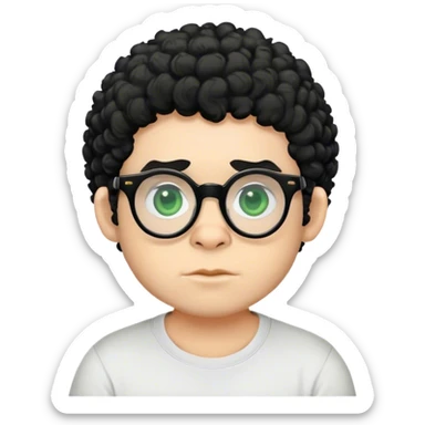 Chico blanco con ojos redondos de color verde , cabello negro corto ensortijado y con camisa gorillas y con gafas  sticker