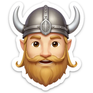 Clash of Clans aesthetic: Cinematic Playful Viking Portrait Emoji, Head tilted with a cheeky grin and twinkling eyes, featuring a compact, charming build with a modest, stylized Viking helmet and a playful beard, his face rendered in natural skin tone, Simplified yet irresistibly charming features, highly detailed, glowing with a warm, inviting radiance, high shine, spirited and lively, stylized with an air of whimsical Nordic mischief, soft glowing outline, capturing the essence of a playful Viking exuding friendly rogue charm! sticker