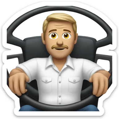  man with white button-down shirt behind a steering wheel sticker