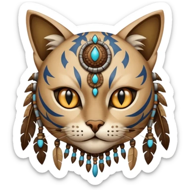 cat, wear tribal shaman cloth, half face cyberborg sticker