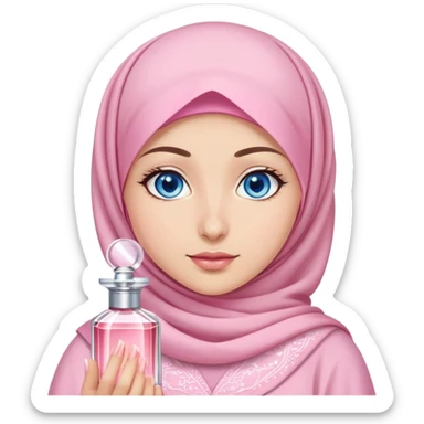 Turkish beautiful finish Konya girl blue eyes with light sakura and pink hijab islamic dress and She's wearing perfume sticker