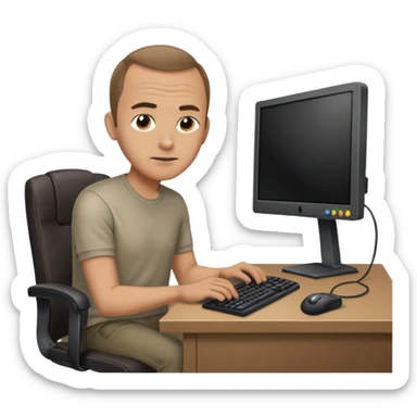 Man with recessing hairline sitting at a dirty desk with gaming computer   sticker
