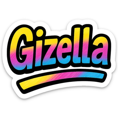 Gizella name in modern colorful gradient font with dark outline, dynamic slanted or partial underline, in the style of reference patterns sticker