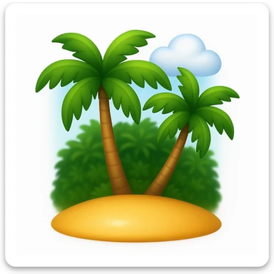 Create a beach emoji that looks exactly like the reference image in classic iOS emoji style. The emoji should have a 3D appearance with shiny, smooth gradients and soft shadows. Include palm trees and sand with the classic emoji look, emphasizing the 3D, shiny, smooth gradient style and soft shadows as seen in iOS emojis. Add a subtle highlight to the sand to enhance its texture and shine. sticker