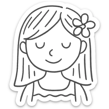 girl with straight hair, flower in hair, summer hand-drawn style outlined icon sticker