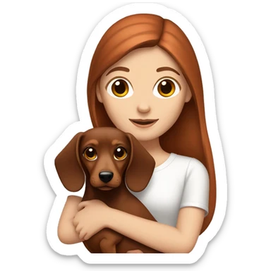 White girl with straight brown hair holding a red  and browndachshund  sticker