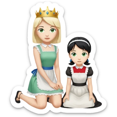 King, standig, black hair, blue eyes, garmont, and maid, blonde Hair, green eyes, white short sleveless dress, kneeling  sticker