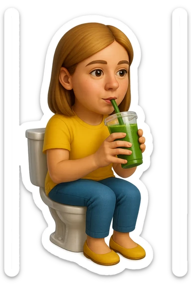 emoji stile iphone di una donna seduta sul wc che beve uno smoothies verde, iperrealistico 4k sticker
