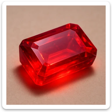 a rectangular ruby block, jewel-like shine, vivid red, translucent, glowing effect, on a neutral background sticker
