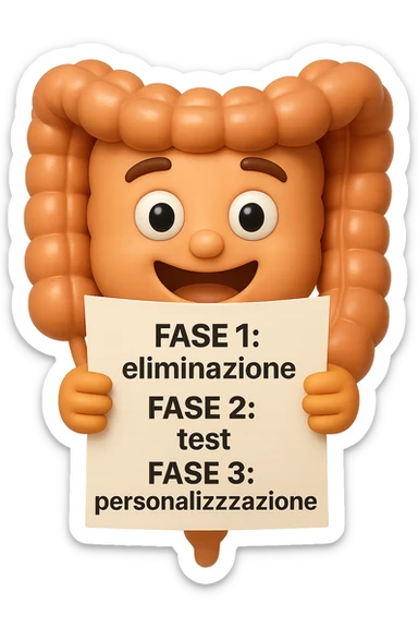 emoji stile iphone 3d di un intestino che tiene in mano un foglio con la scritta "FASE 1: eliminazione, FASE 2: test, FASE 3: personalizzazione, IPERREALISTICO 4K sticker