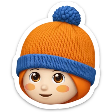 a blue beanie with an orange rim, and an orange puff dot at the top sticker