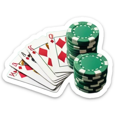A photorealistic icon featuring playing cards and a stack of poker chips on a green felt table. Bright, detailed design with realistic textures and lighting. Transparent background, clearly symbolizing card games and strategy. sticker