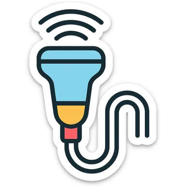ultrasound probe, color outline icon style, clear medical device details sticker