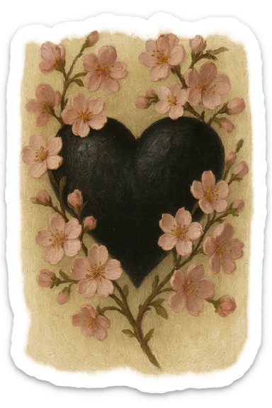 goth sakura heart, oil painting style, textured black heart, soft pink sakura, classic and rich sticker