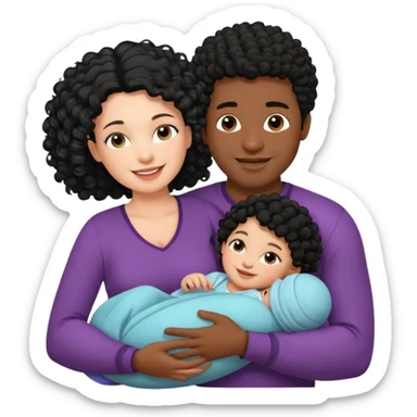 family: white woman curly black hair, black man with short black frizz hair, one 2 y o daughter mixed skin color , and a newborn in the and of the mother sticker