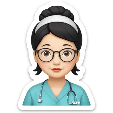 OLD ASIAN WOMAN WITH GLASSES, NURSE SCRUBS, HAIR BUN, BLACK HAIR, CHUBBY sticker
