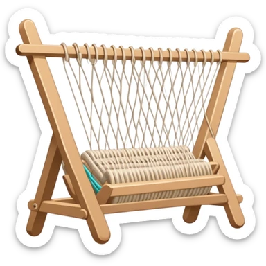 Weaving icon, various types of weaving such as basket weaving, macramé, and loom weaving, showing intertwined threads or ropes, weaving tools like shuttle, crochet hook, and loom, minimalistic style, clean lines, transparent background. sticker