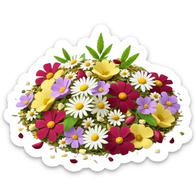 pile of loose herbal tea with dried herbs and flowers chamomile, mint, rose petals, lemongrass, organic and colorful, crumbled leaves and petals, soft greens, yellows, purples, reds, 3D clean style, transparent background sticker