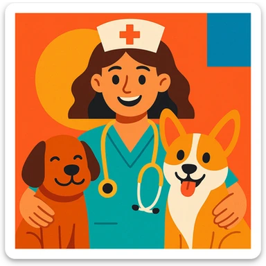 brunette nurse with dogs, vibrant and friendly style sticker