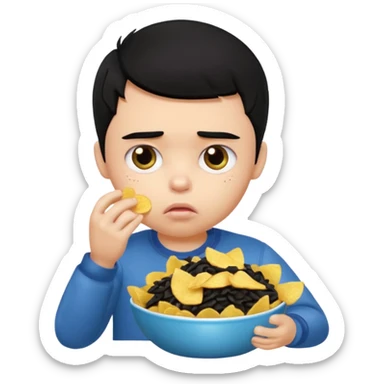 a PRETTY BRATZ boy with black hair, stuffing his face with chips and looking sad sticker